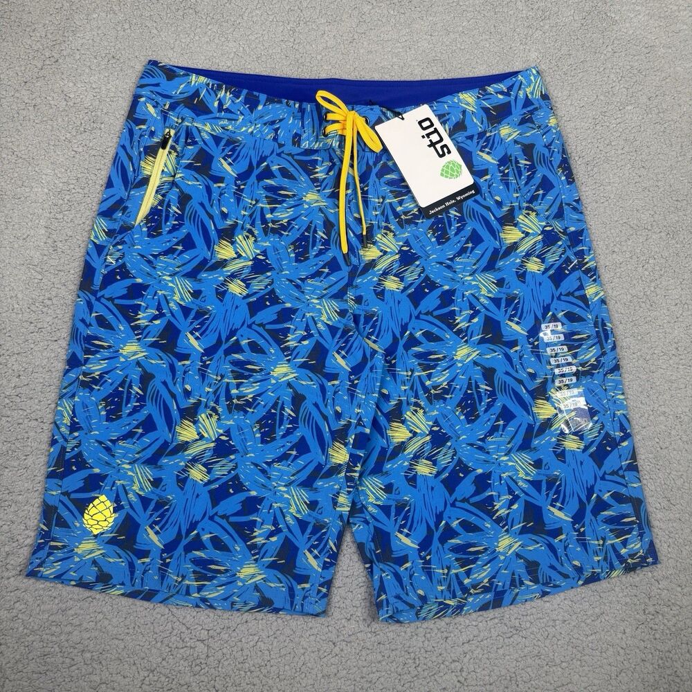Stio CFS Board Short Mens 35 Blue Floral 19" Swim Hike Stretch Quick Dry UPF New